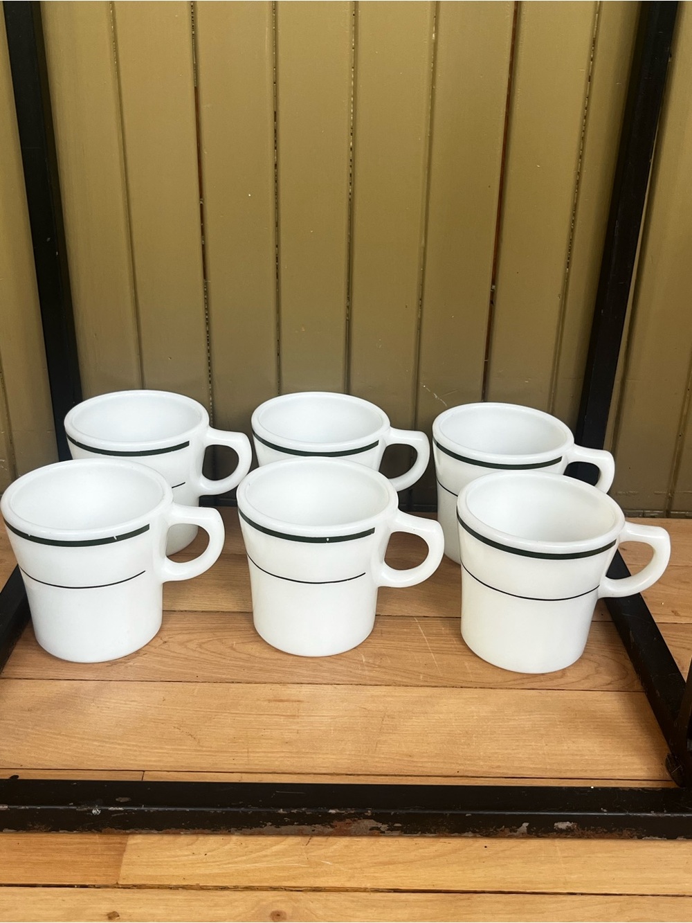 Pyrex Corning Milk Glass Green Strip Coffee Mug Set of 6